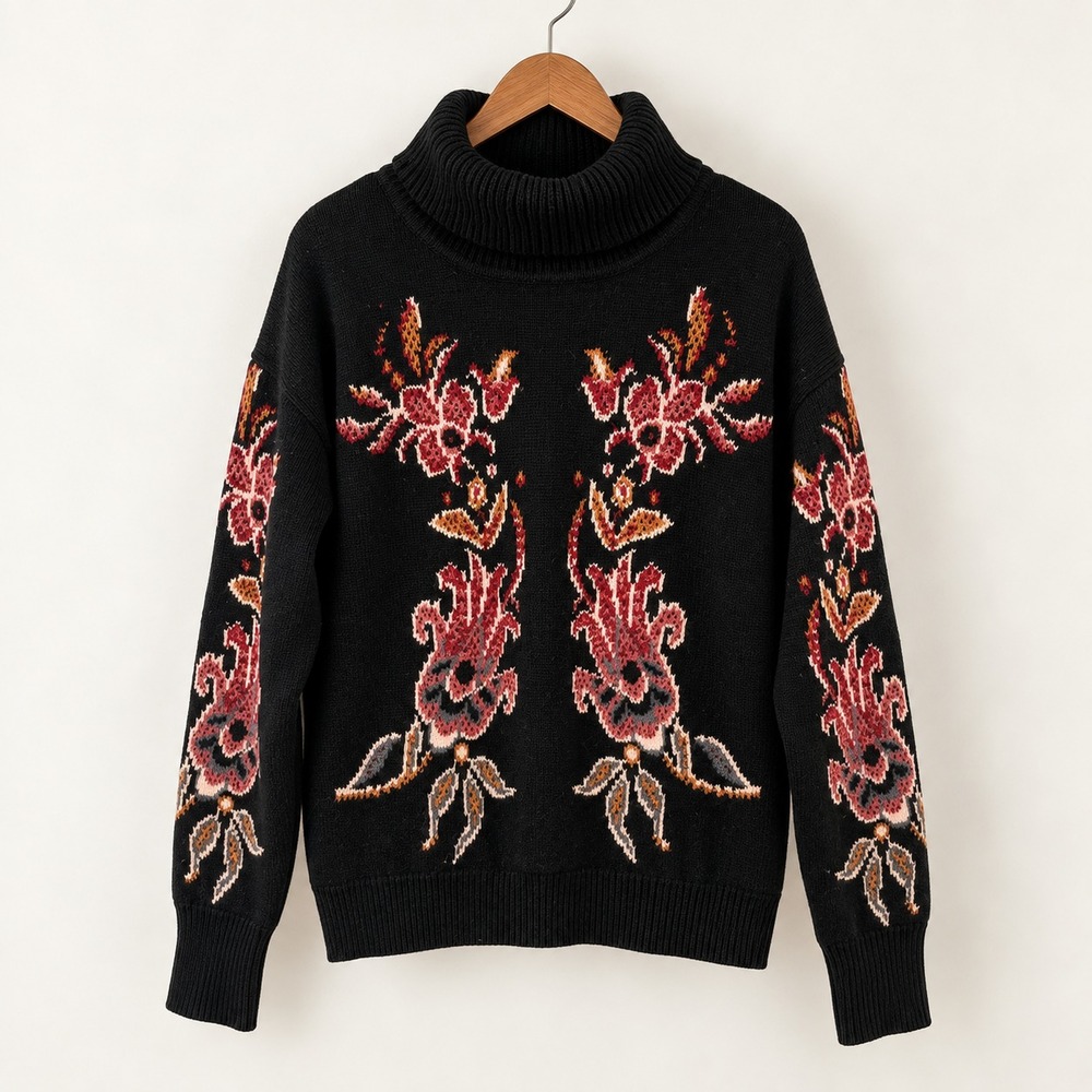 Sundance Women Medium Claudia Floral Cowl Neck Knit Sweater Black Wool Blend